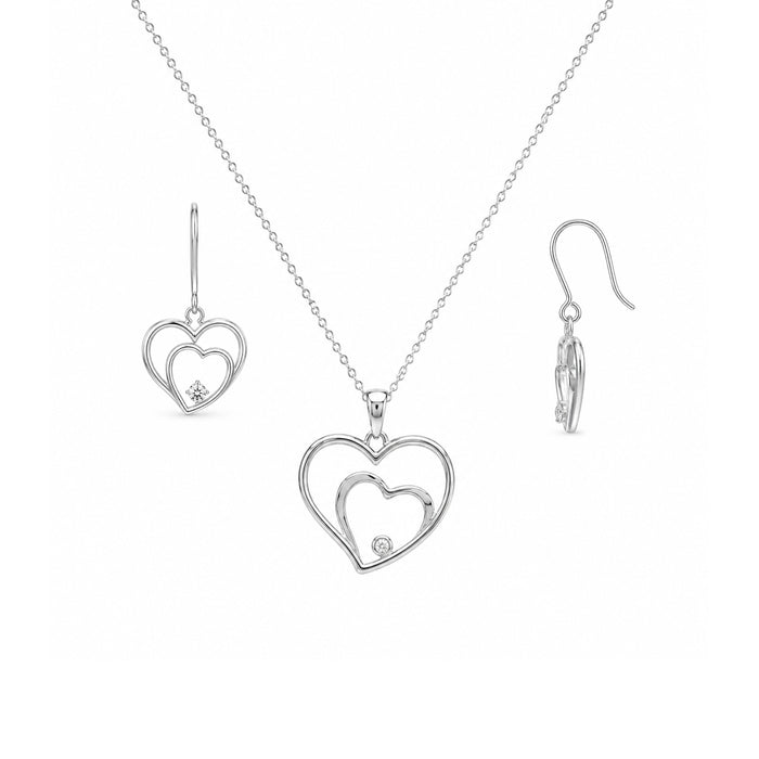 Silver 925 Rhodium Plated Graduated Open Heart CZ Dangling Hook Earring and Necklace Set - STS00176 | Silver Palace Inc.