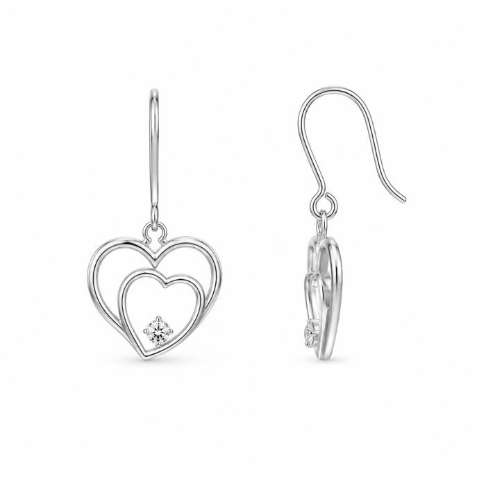 Silver 925 Rhodium Plated Graduated Open Heart CZ Dangling Hook Earring and Necklace Set - STS00176 | Silver Palace Inc.