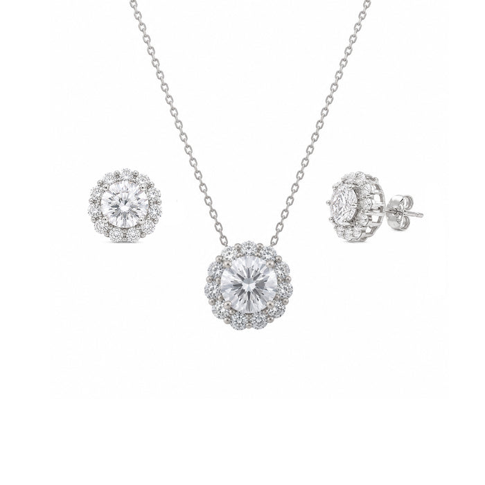 Silver 925 Rhodium Plated Halo CZ Stud Earring and Necklace Set - STS00158 | Silver Palace Inc.