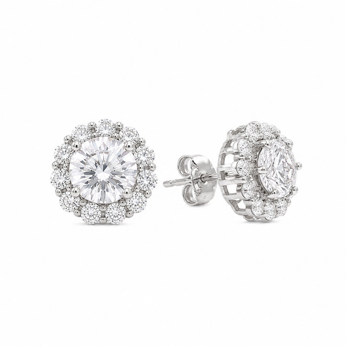 Silver 925 Rhodium Plated Halo CZ Stud Earring and Necklace Set - STS00158 | Silver Palace Inc.