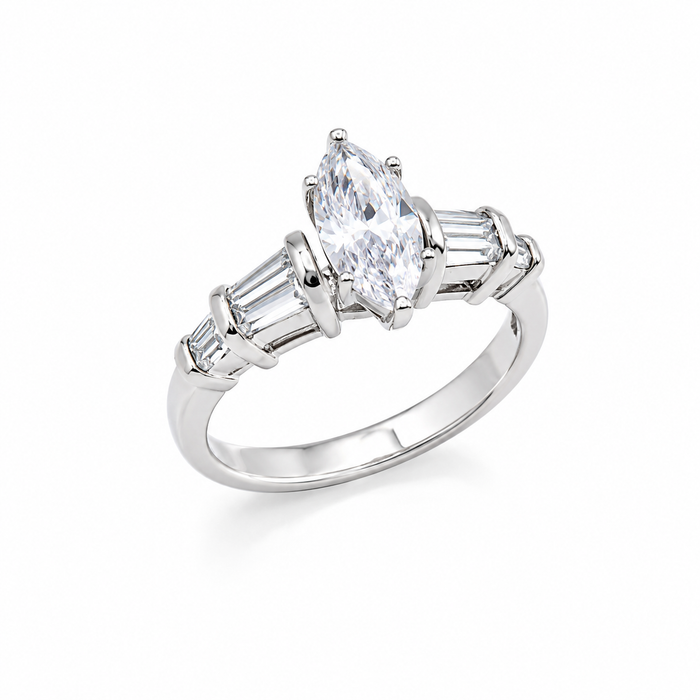 Rhodium Plated 925 Silver Marquise Center Baguette Round Clear CZ Bridal Engagement Ring - BGR00443