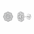 Rhodium Plated 925 Silver Micro Pave Dainty Flower Stud Earrings- ACE00023