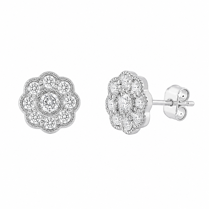 Rhodium Plated 925 Silver Micro Pave Dainty Flower Stud Earrings- ACE00023