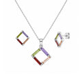 Silver 925 Rhodium Plated Multicolor Open Square CZ Stud Earring and Necklace Set - STS00216 | Silver Palace Inc.