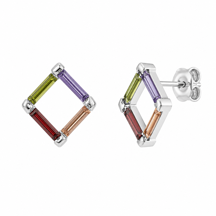 Silver 925 Rhodium Plated Multicolor Open Square CZ Stud Earring and Necklace Set - STS00216 | Silver Palace Inc.