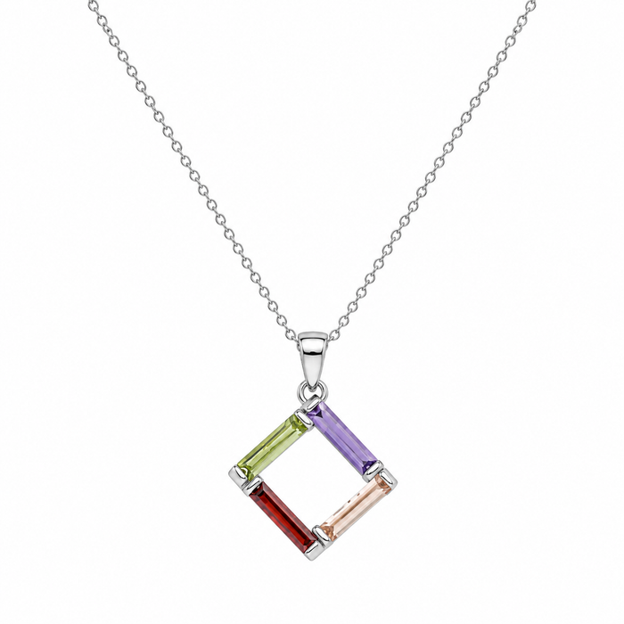 Silver 925 Rhodium Plated Multicolor Open Square CZ Stud Earring and Necklace Set - STS00216 | Silver Palace Inc.