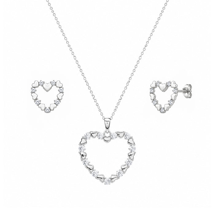 Rhodium Plated 925 Silver Open Heart CZ Stud Earring and Necklace Set - STS00127 | Silver Palace Inc.