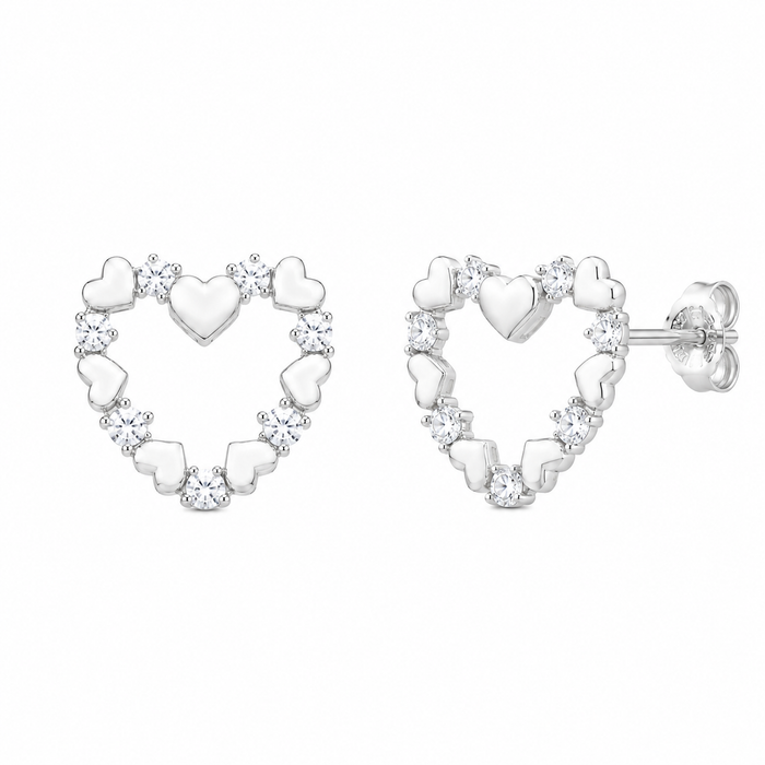 Rhodium Plated 925 Silver Open Heart CZ Stud Earring and Necklace Set - STS00127 | Silver Palace Inc.