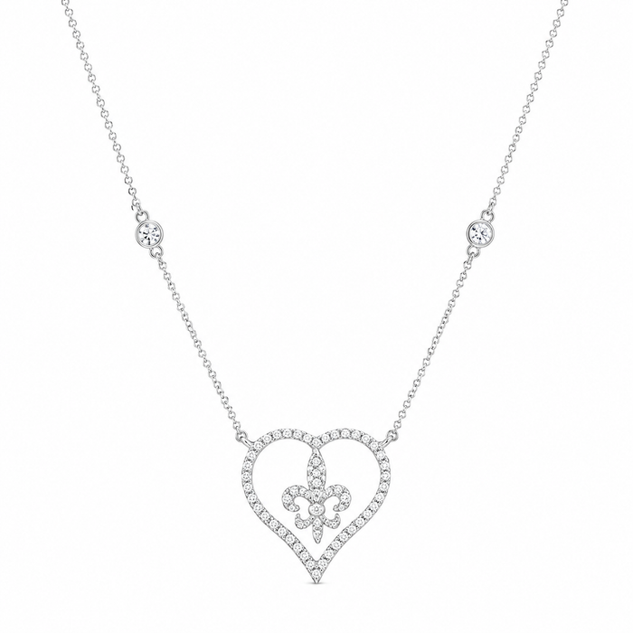 Rhodium Plated 925 Silver Open Heart Fleur De Lis Center CZ Pendant Necklace - BGN00012