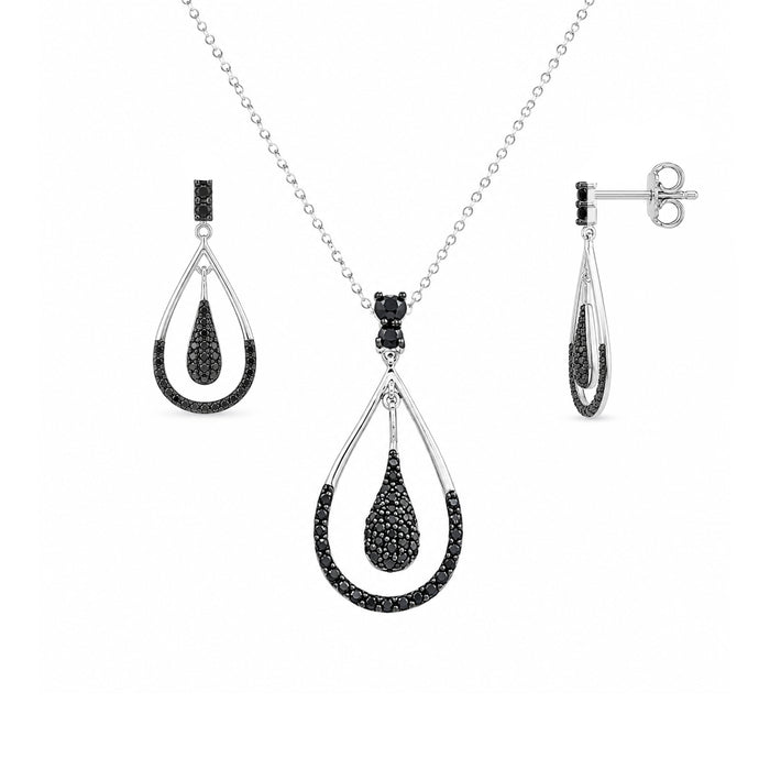 Rhodium Plated 925 Silver Open Teardrop Black or Clear CZ Dangling Set - STS00211 | Silver Palace Inc.