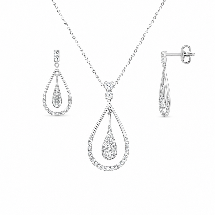 Rhodium Plated 925 Silver Open Teardrop Black or Clear CZ Dangling Set - STS00211 | Silver Palace Inc.