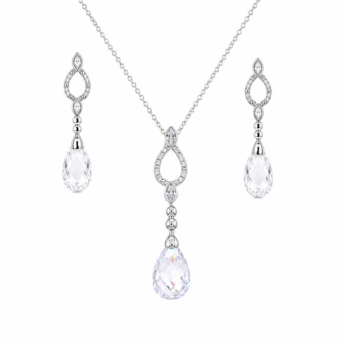 Rhodium Plated 925 Silver Open Teardrop CZ Dangling Stud Earring and Necklace Bridal Set - STS00074 | Silver Palace Inc.
