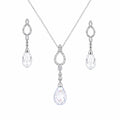 Rhodium Plated 925 Silver Open Teardrop CZ Dangling Stud Earring and Necklace Bridal Set - STS00074 | Silver Palace Inc.