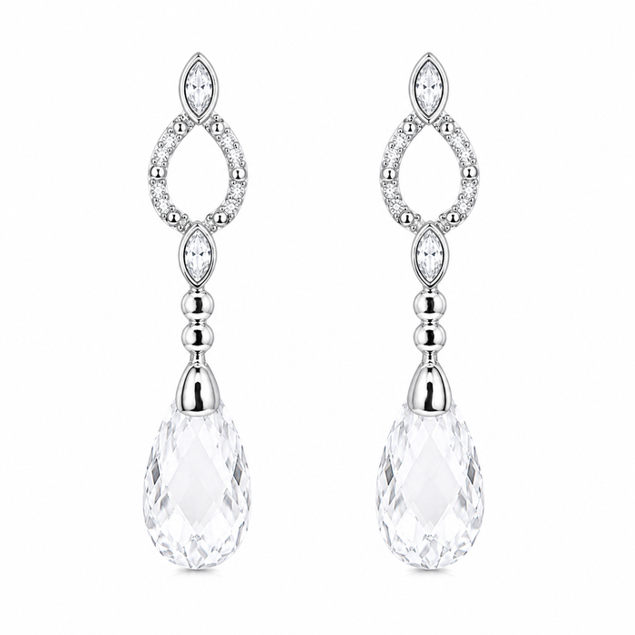Rhodium Plated 925 Silver Open Teardrop CZ Dangling Stud Earring and Necklace Bridal Set - STS00074 | Silver Palace Inc.