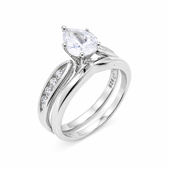 Rhodium Plated 925 Silver Pear CZ Past Present Future Engagement Ring Set - STR00530