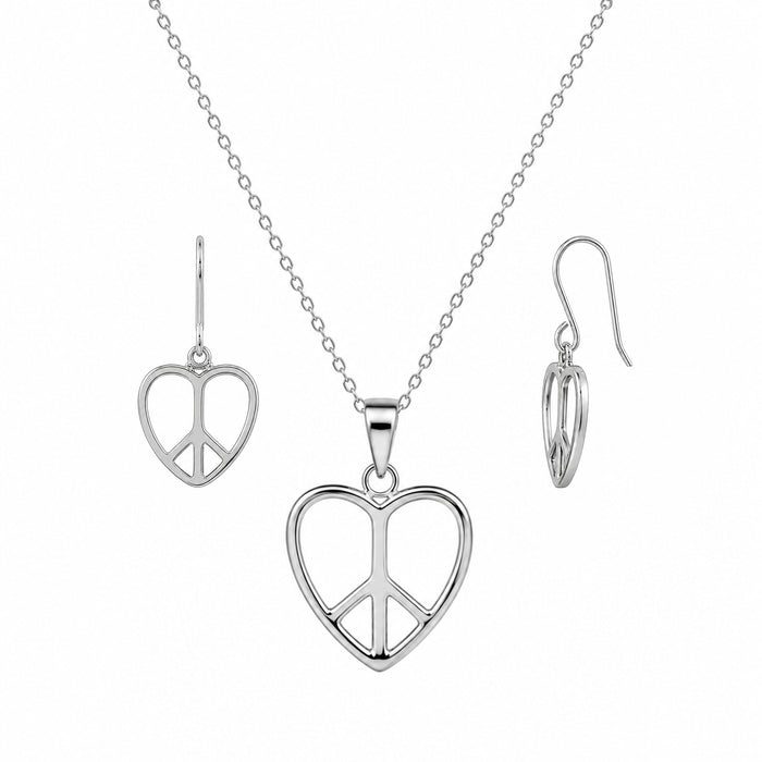 Silver 925 Rhodium Plated Plain Heart Peace Sign Dangling Earring and Necklace Set - STS00237 | Silver Palace Inc.