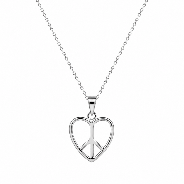 Silver 925 Rhodium Plated Plain Heart Peace Sign Dangling Earring and Necklace Set - STS00237 | Silver Palace Inc.