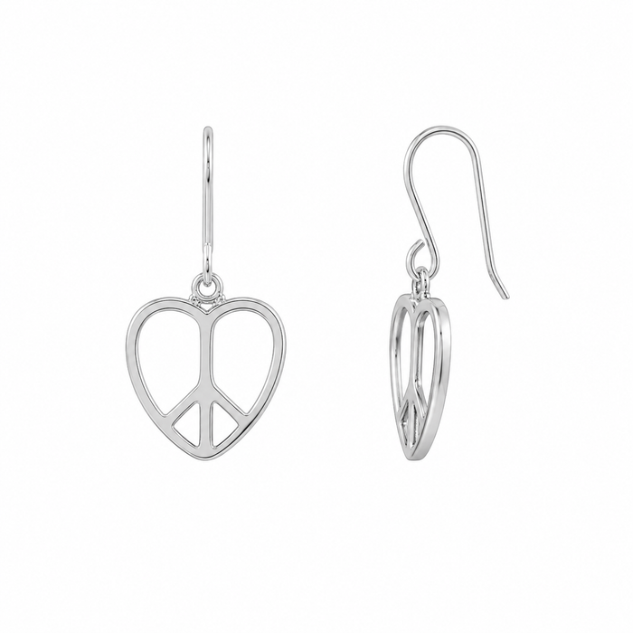 Silver 925 Rhodium Plated Plain Heart Peace Sign Dangling Earring and Necklace Set - STS00237 | Silver Palace Inc.