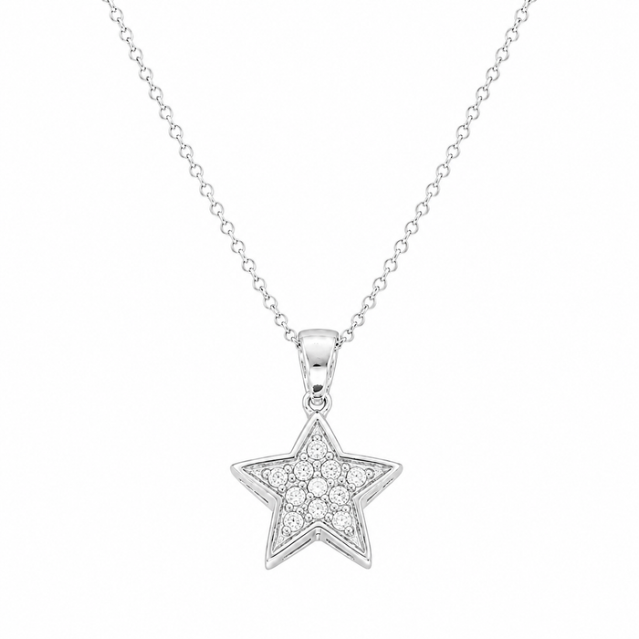 Rhodium Plated 925 Silver Reversable Double Sided Black or Clear CZ Star Pendant Necklace - STP00180