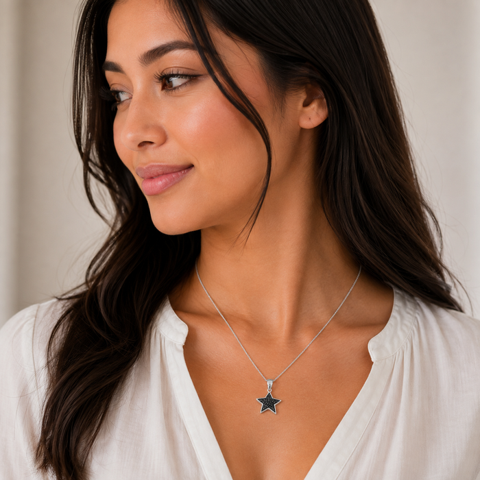 Rhodium Plated 925 Silver Reversable Double Sided Black or Clear CZ Star Pendant Necklace - STP00180