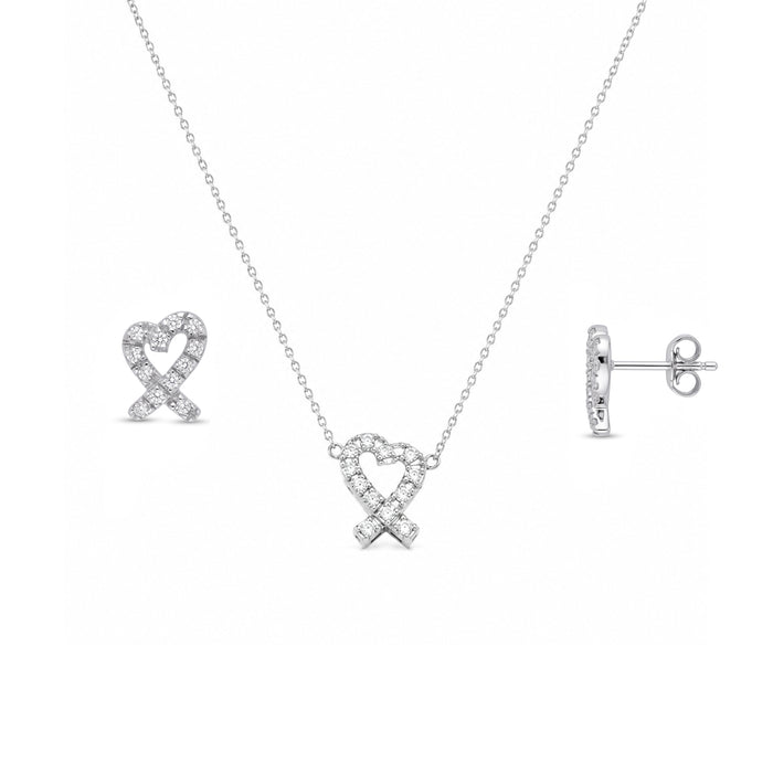 Silver 925 Rhodium Plated Ribbon Heart CZ Stud Earring and Necklace Set - STS00027 | Silver Palace Inc.