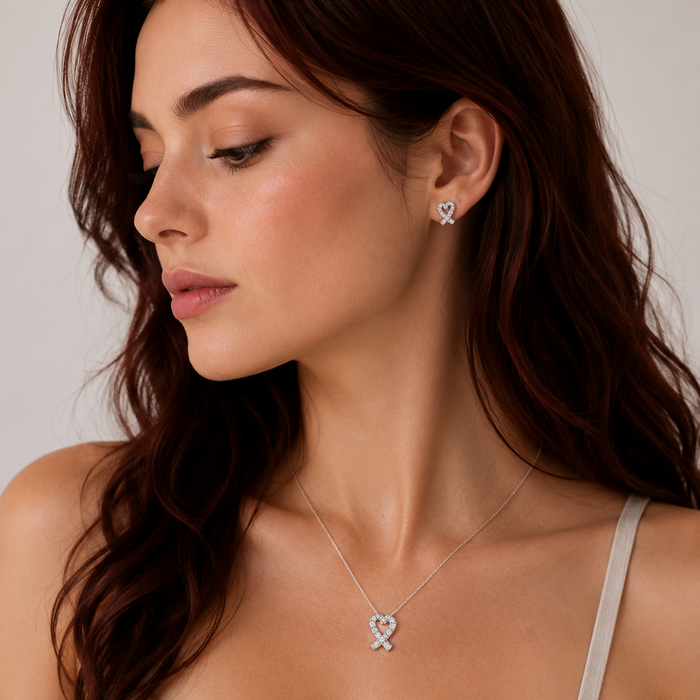 Silver 925 Rhodium Plated Ribbon Heart CZ Stud Earring and Necklace Set - STS00027 | Silver Palace Inc.