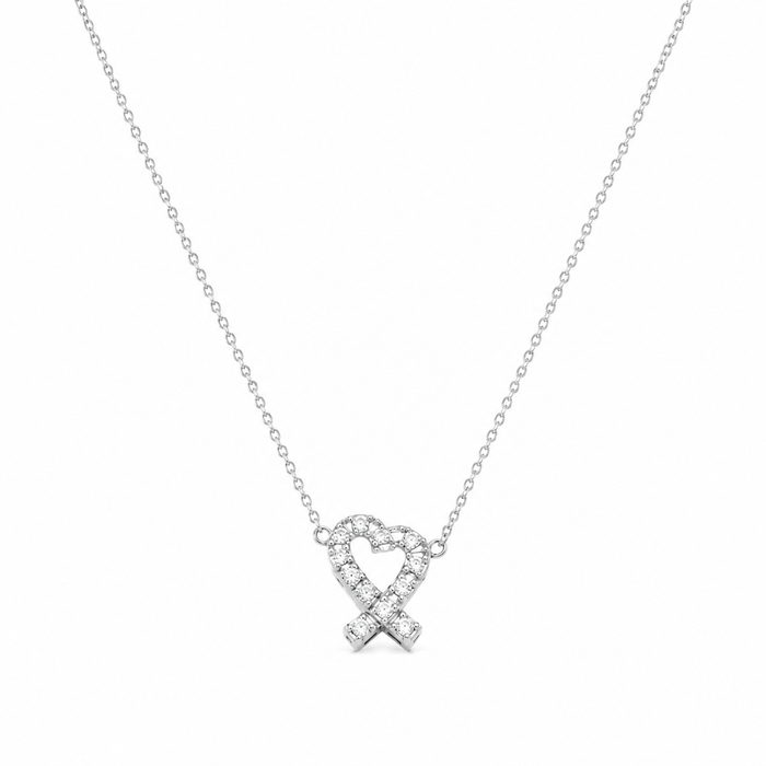 Silver 925 Rhodium Plated Ribbon Heart CZ Stud Earring and Necklace Set - STS00027 | Silver Palace Inc.