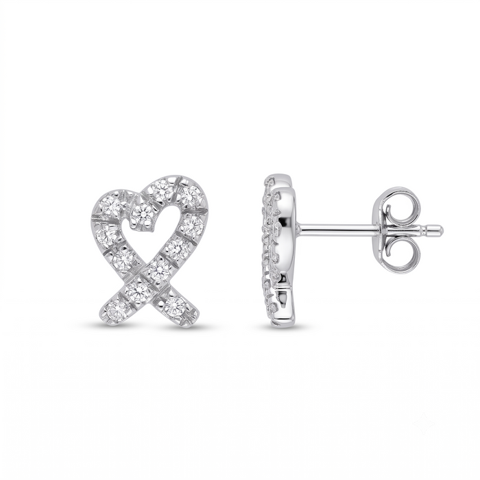 Silver 925 Rhodium Plated Ribbon Heart CZ Stud Earring and Necklace Set - STS00027 | Silver Palace Inc.