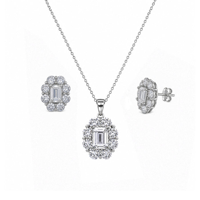 Silver 925 Rhodium Plated Round Emerald CZ Flower Stud Earring and Necklace Set - STS00296 | Silver Palace Inc.