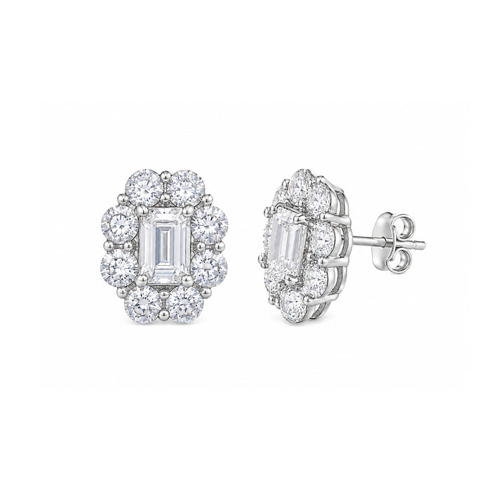 Silver 925 Rhodium Plated Round Emerald CZ Flower Stud Earring and Necklace Set - STS00296 | Silver Palace Inc.