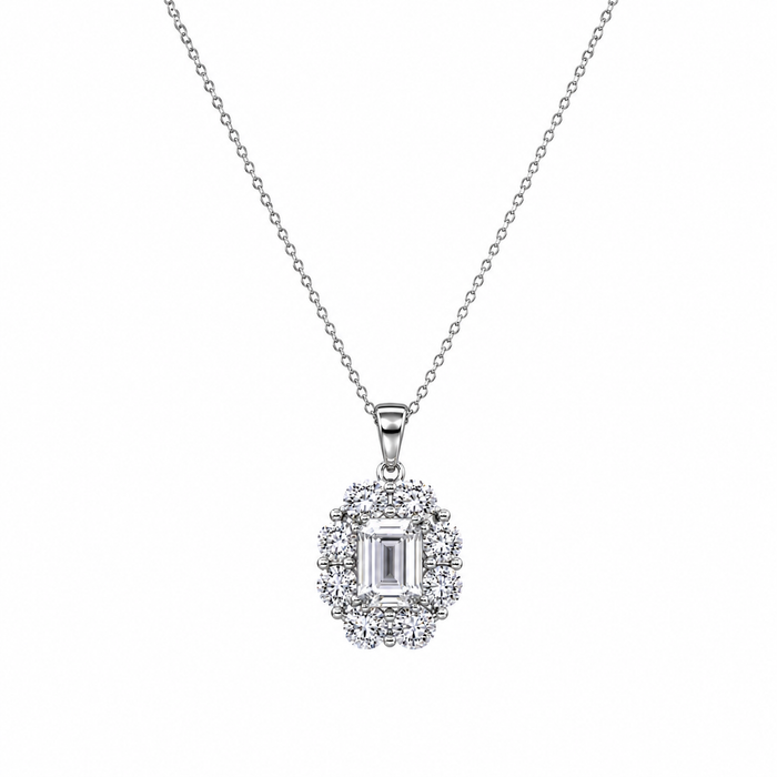 Silver 925 Rhodium Plated Round Emerald CZ Flower Stud Earring and Necklace Set - STS00296 | Silver Palace Inc.