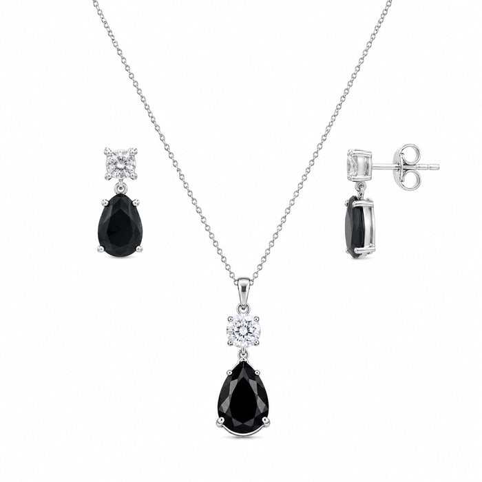 Rhodium Plated 925 Silver Teardrop Black CZ Stud Earring and Necklace Set - STS00293 | Silver Palace Inc.