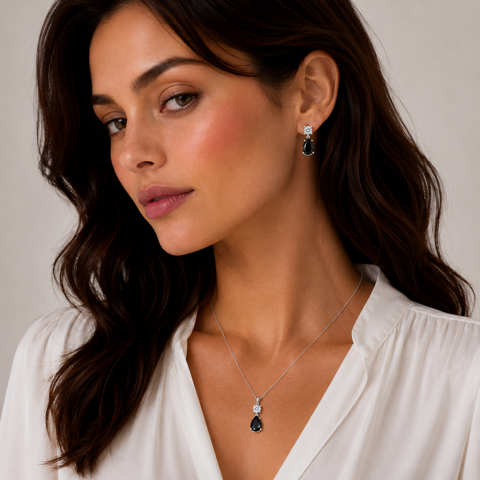 Rhodium Plated 925 Silver Teardrop Black CZ Stud Earring and Necklace Set - STS00293 | Silver Palace Inc.