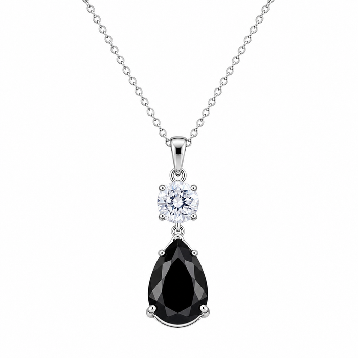 Rhodium Plated 925 Silver Teardrop Black CZ Stud Earring and Necklace Set - STS00293 | Silver Palace Inc.