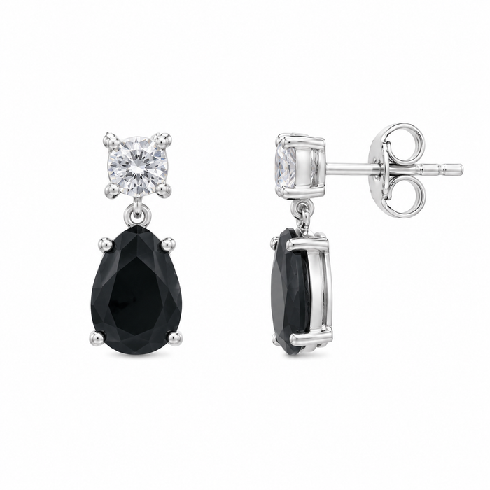 Rhodium Plated 925 Silver Teardrop Black CZ Stud Earring and Necklace Set - STS00293 | Silver Palace Inc.
