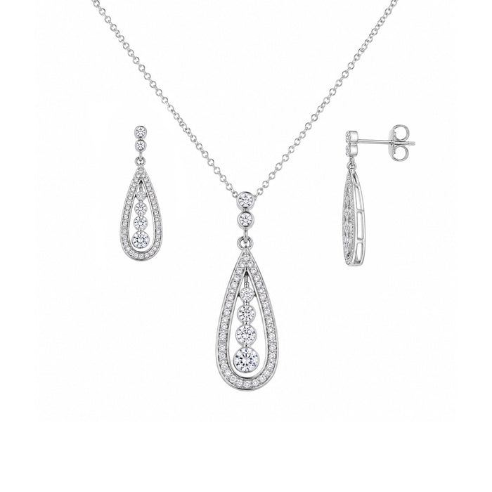 Silver 925 Rhodium Plated Teardrop Channel CZ Dangling Stud Earring and Necklace Set - STS00220 | Silver Palace Inc.