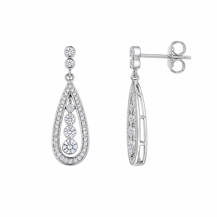 Silver 925 Rhodium Plated Teardrop Channel CZ Dangling Stud Earring and Necklace Set - STS00220 | Silver Palace Inc.
