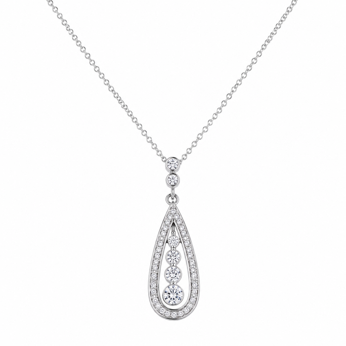 Silver 925 Rhodium Plated Teardrop Channel CZ Dangling Stud Earring and Necklace Set - STS00220 | Silver Palace Inc.