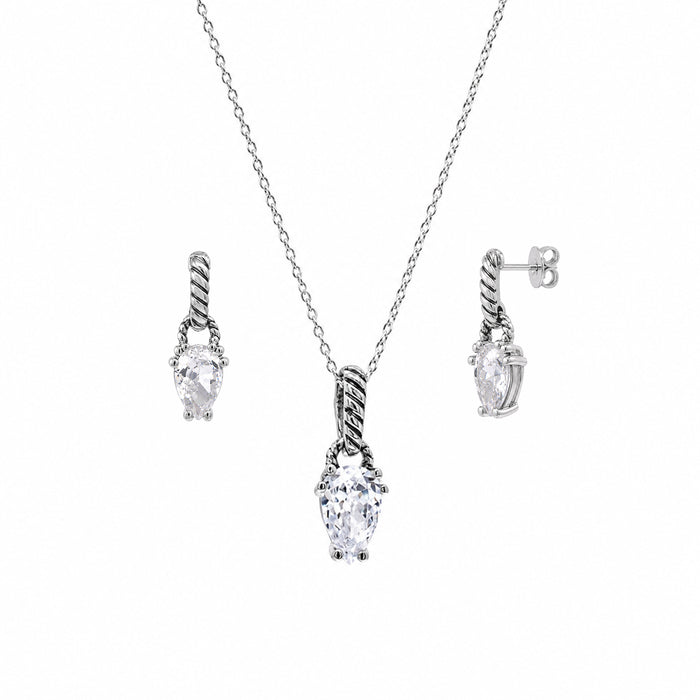 Silver 925 Rhodium Plated Teardrop CZ Dangling Stud Earring and Necklace Set - STS00353 | Silver Palace Inc.