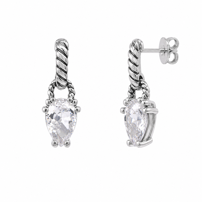 Silver 925 Rhodium Plated Teardrop CZ Dangling Stud Earring and Necklace Set - STS00353 | Silver Palace Inc.