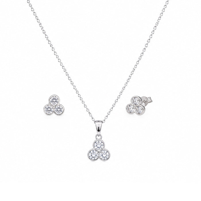 Silver 925 Rhodium Plated Trefoil CZ Stud Earring and Necklace Set - STS00013 | Silver Palace Inc.