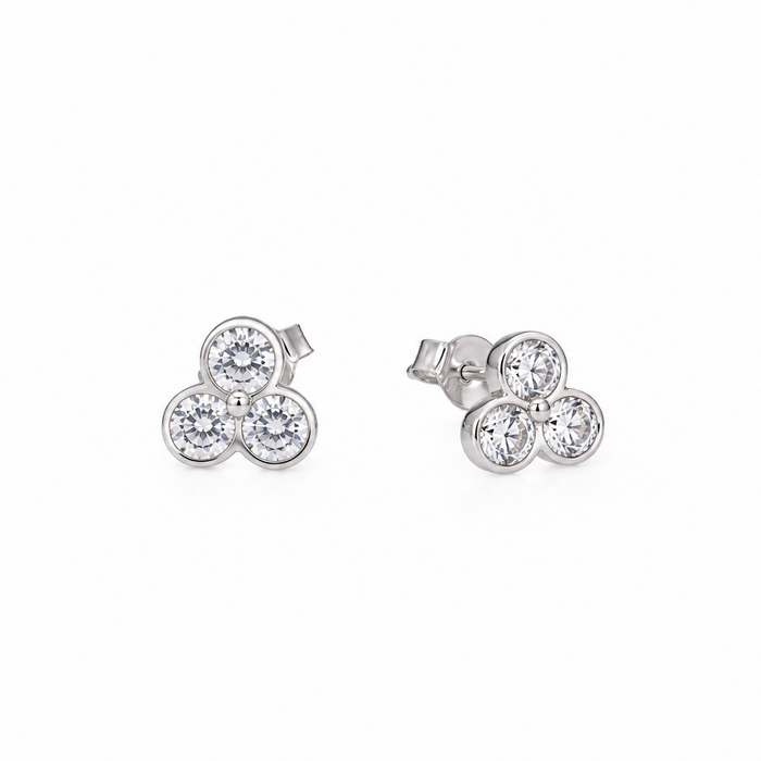 Silver 925 Rhodium Plated Trefoil CZ Stud Earring and Necklace Set - STS00013 | Silver Palace Inc.