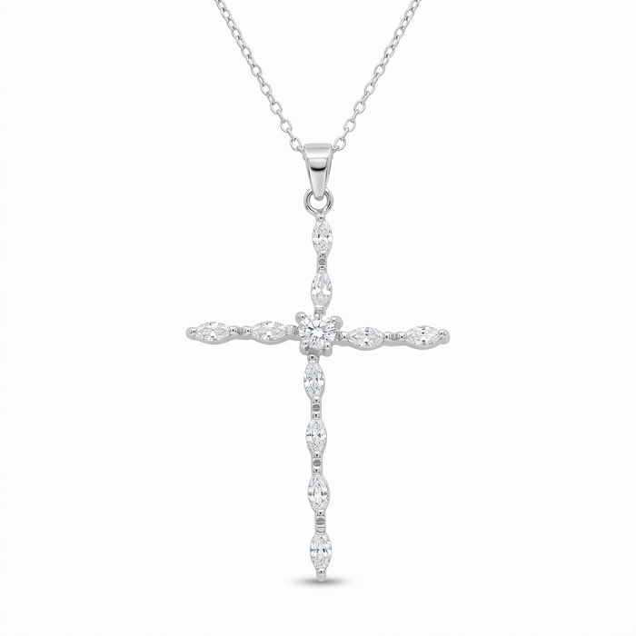 Rhodium Plated 925 Sterling Silver Almond and Heart CZ Cross Pendant Necklace - STP00441