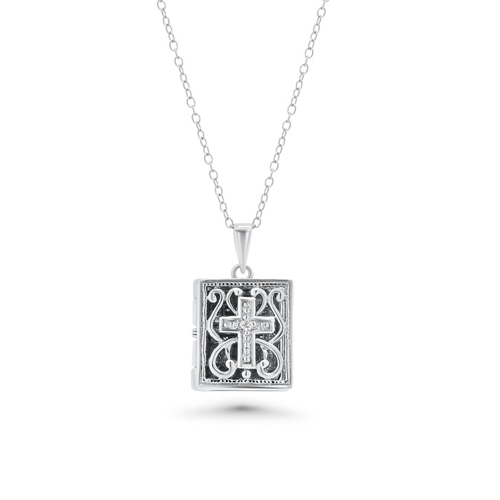 Rhodium Plated 925 Sterling Silver Bible Filigree CZ Necklace - BGP00588