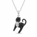 Rhodium Plated 925 Sterling Silver Black and Clear CZ Arched Cat Pendant Necklace - STP00966