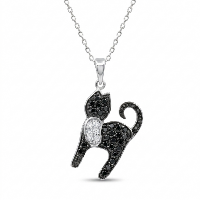 Rhodium Plated 925 Sterling Silver Black and Clear CZ Arched Cat Pendant Necklace - STP00966