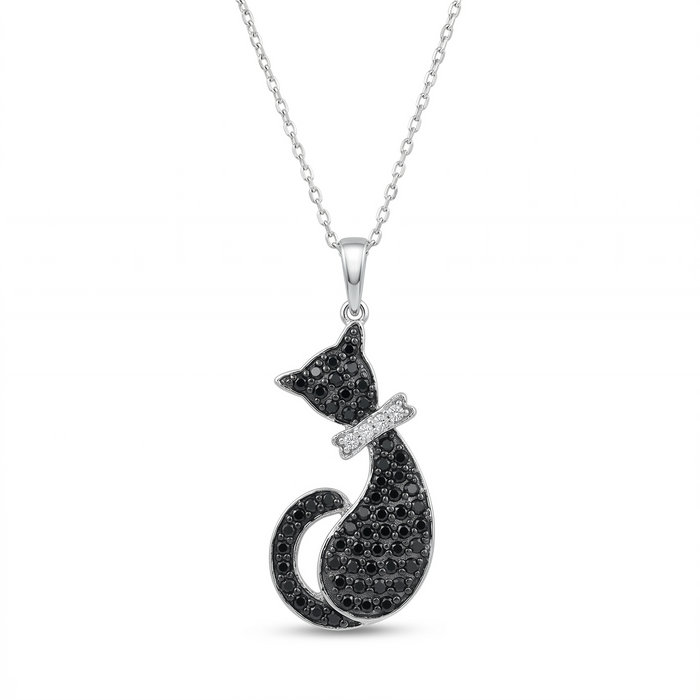 Rhodium Plated 925 Sterling Silver Black CZ Cat Pendant Necklace - STP00967