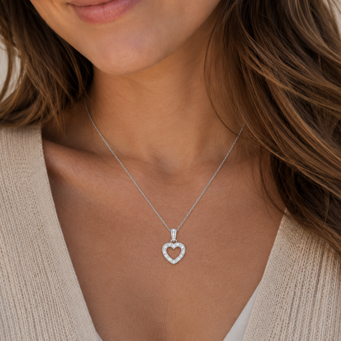 Rhodium Plated 925 Sterling Silver Classic CZ Heart Pendant Necklace - STP00098