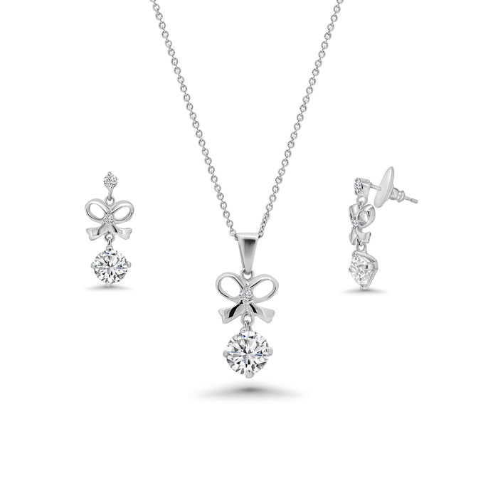 Rhodium Plated 925 Sterling Silver Clear Bow CZ Hanging Earring and Necklace Set - BGS00229 | Silver Palace Inc.