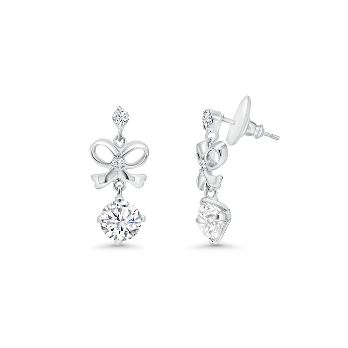 Rhodium Plated 925 Sterling Silver Clear Bow CZ Hanging Earring and Necklace Set - BGS00229 | Silver Palace Inc.